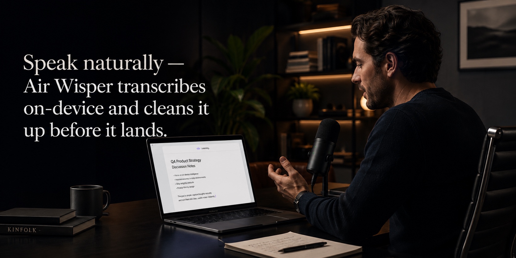 Speak naturally — Air Wisper transcribes on-device and cleans it up before it lands