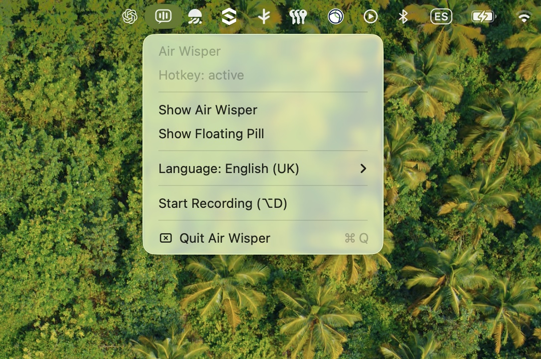 The Air Wisper menu bar icon and dropdown menu on macOS