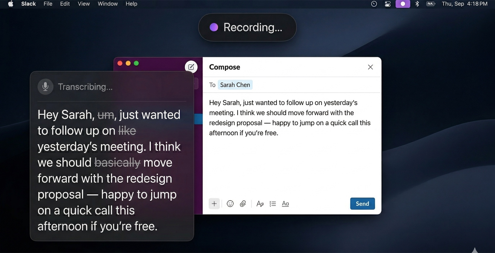 The Air Wisper recording overlay transcribing speech in real time
