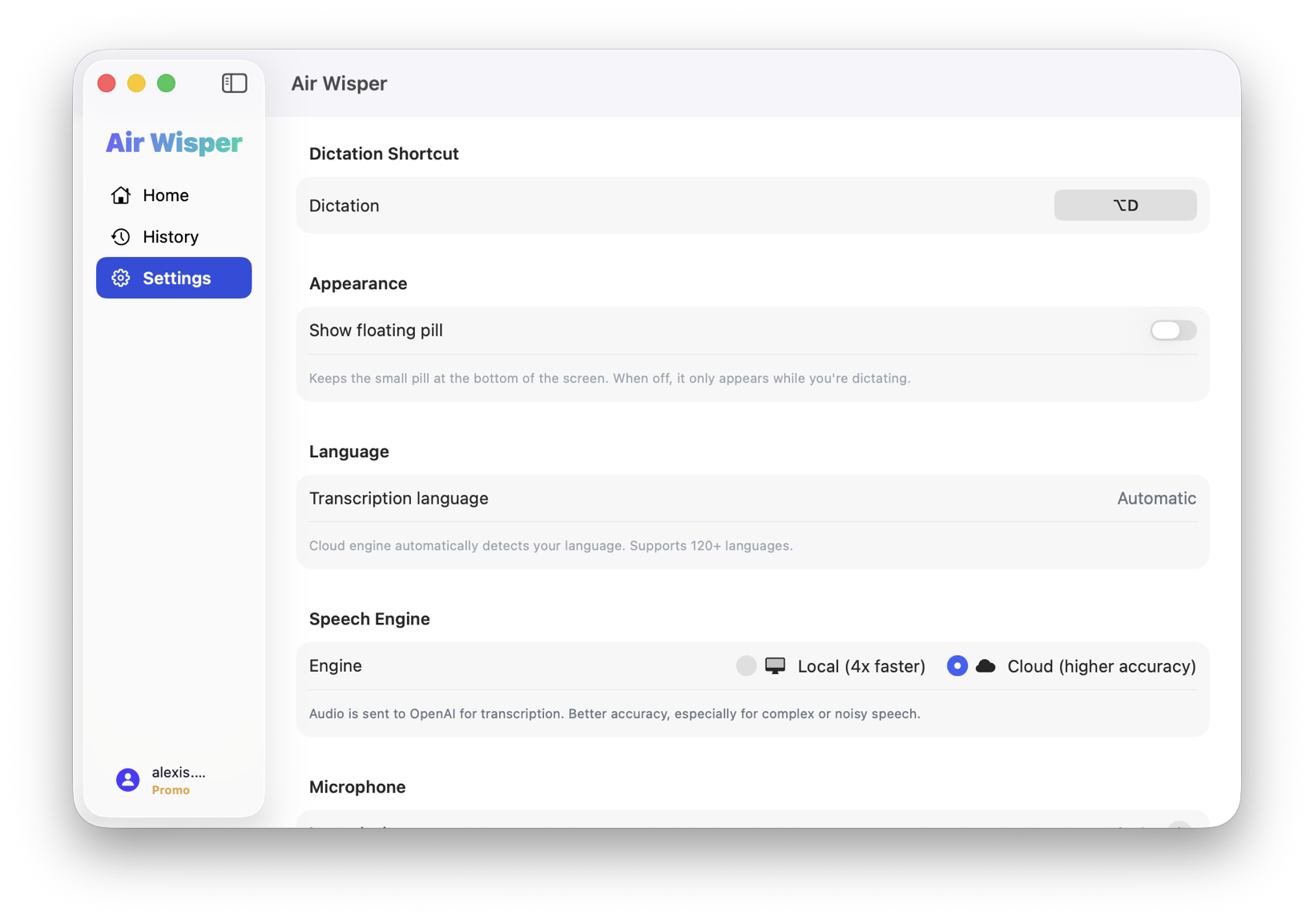 Air Wisper Settings window showing the dictation shortcut, language, and speech engine options